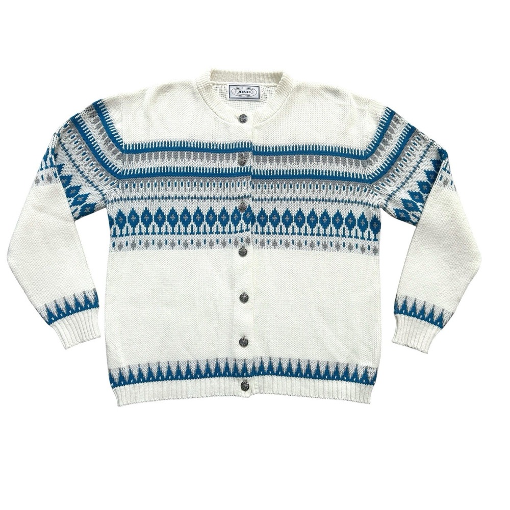 Vintage 70s Jersild Women's Large Nordic Fair Isle Cardigan Blue White Filigree